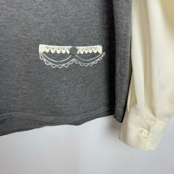 Alfred Dunner SzL Grey Long Sleeve Lace‎ Trim Top Grandmacore Granny Chic Twee - Picture 6 of 8